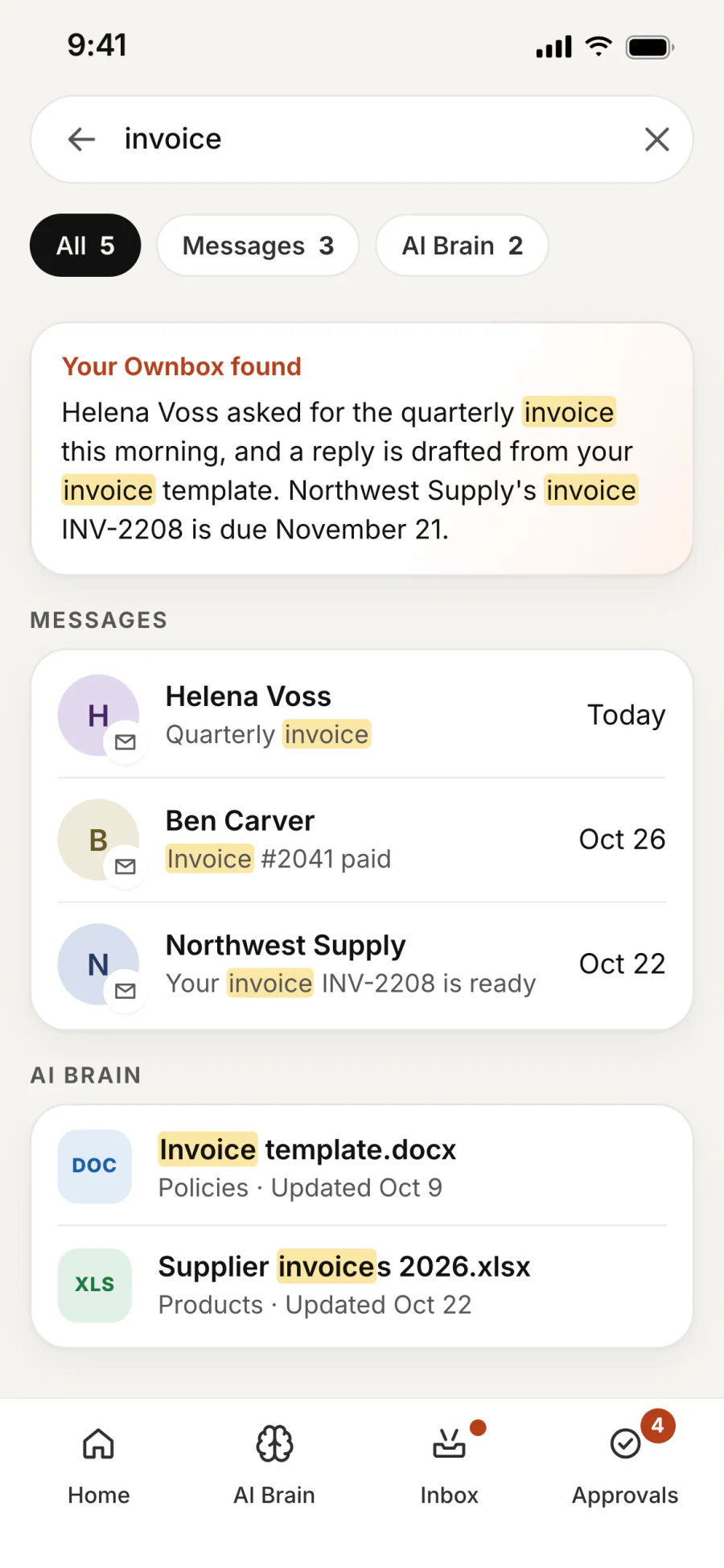Results for the word invoice, across messages and files in the AI Brain.