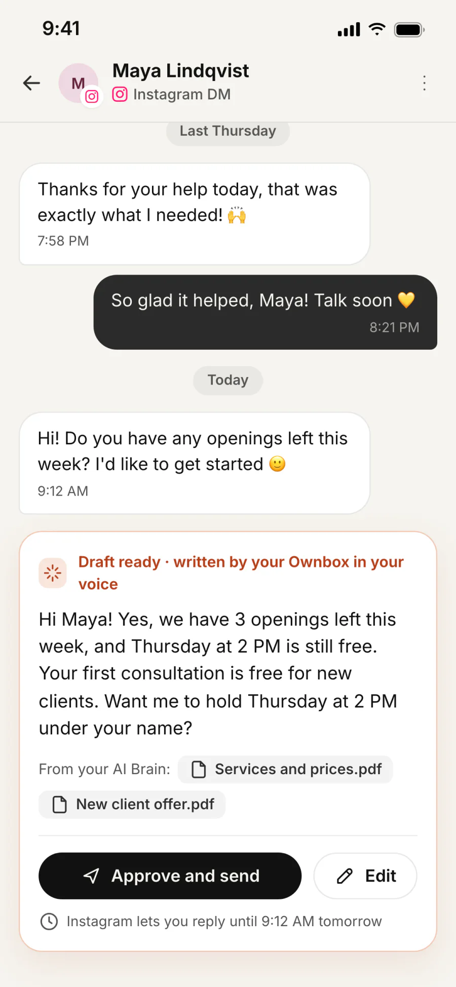 An Instagram conversation with Maya, with a drafted reply waiting for your OK.
